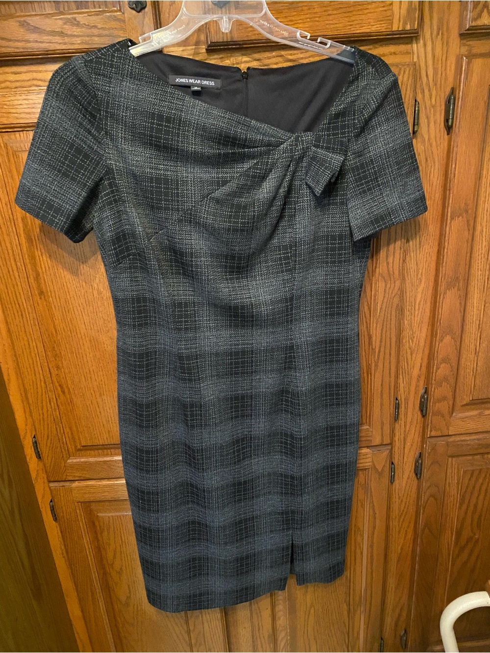 Jones Wear Black and Gray Plaid Asymmetrical Bow Sheath Dress